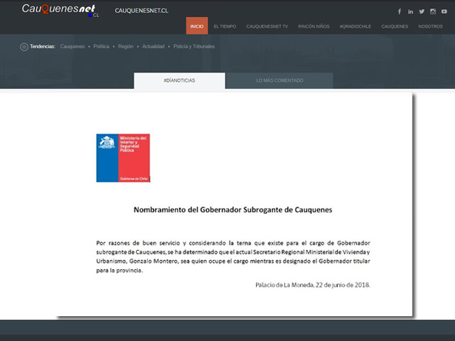 Comunicado nombra gobernador subrogante seremi minvu Montero 01-cqnet